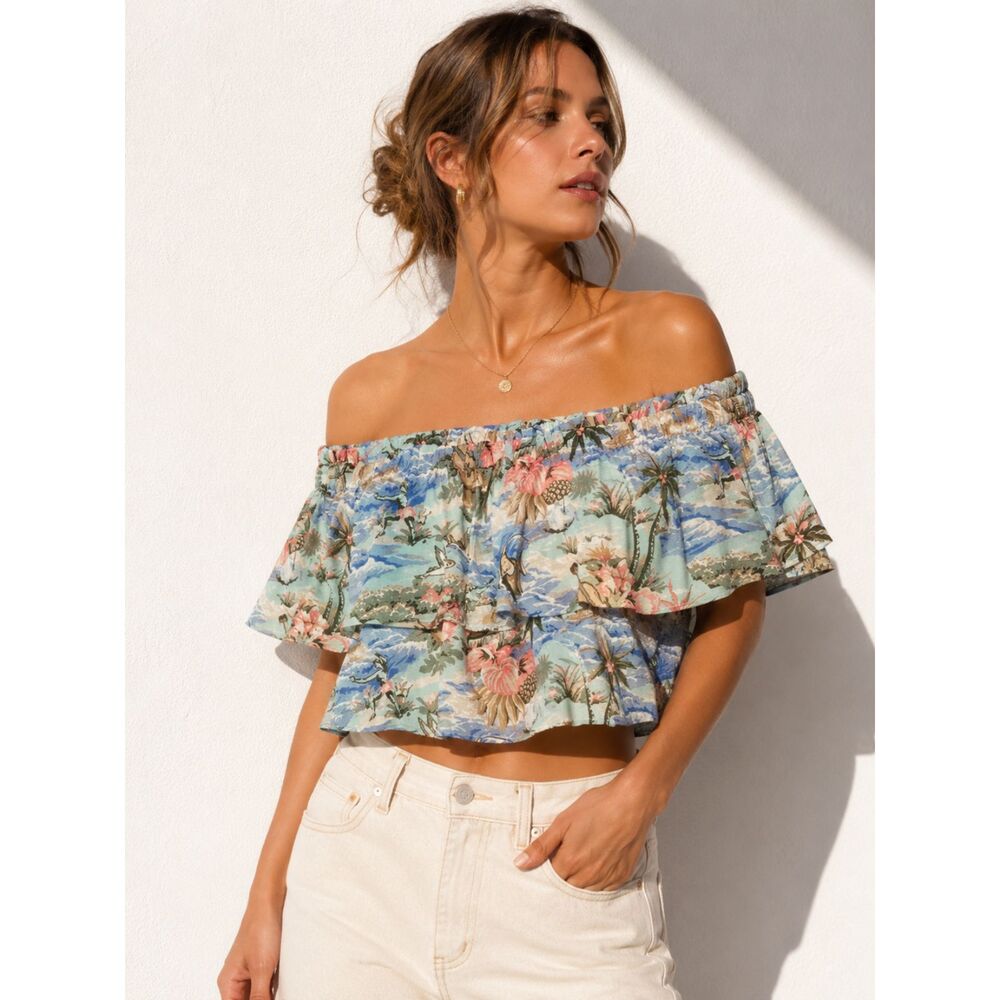 NWT Mango MNG Tropical Floral Off Shoulder Crop Top Women’s S Hawaiian
